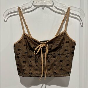 Black Mesh Floral Print Spaghetti Strap Cami Top, Sz S